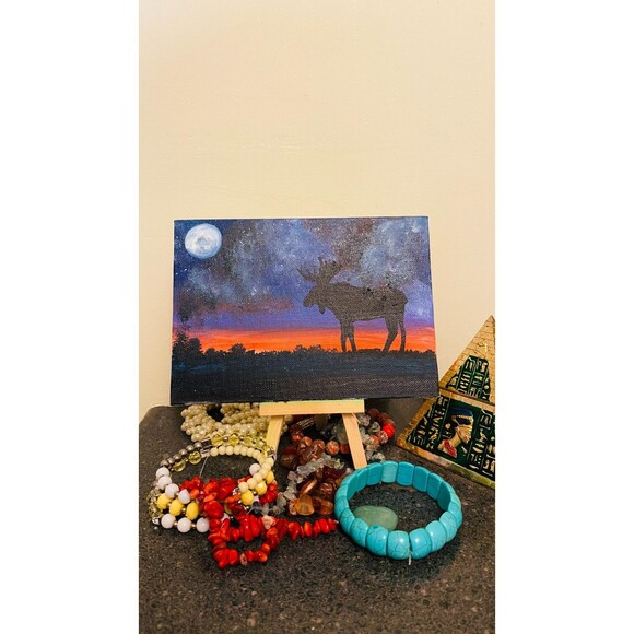 Elk Painting Starry Night Galaxy Art 5x7" Original Fine Art Hardboard Oil - Picture 4 of 8